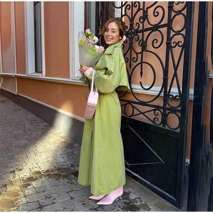 Khaki Long Color-block Stripe Trench Coat for Women