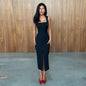 Solid Square Neck Midi Dress Women Zip Up Sleeveless