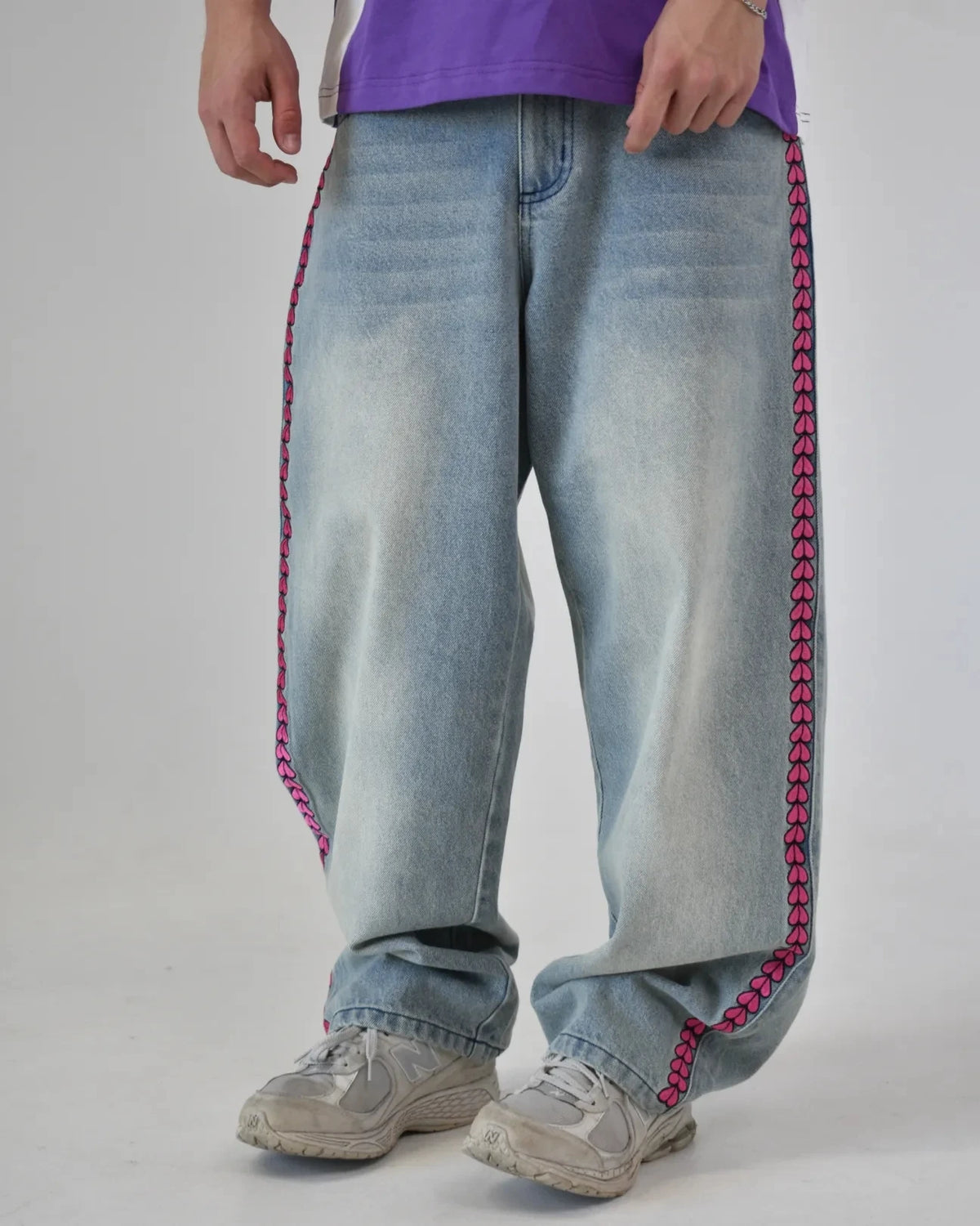 Y2K High Waist Baggy Jeans with Pink Heart Embroidery