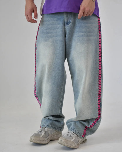Y2K High Waist Baggy Jeans with Pink Heart Embroidery