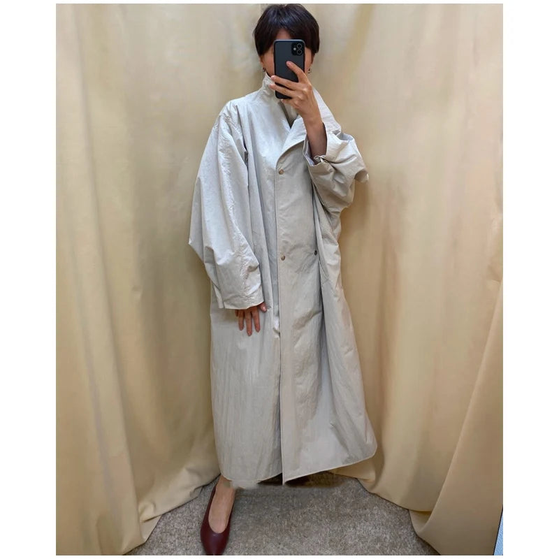 Khaki Long Color-block Stripe Trench Coat for Women