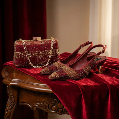 Italian Luxury Green Rhinestone Shoes and Bag Set