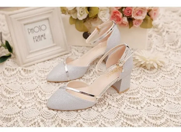 Black High-Heeled Shoes for Women - Silver and Gold