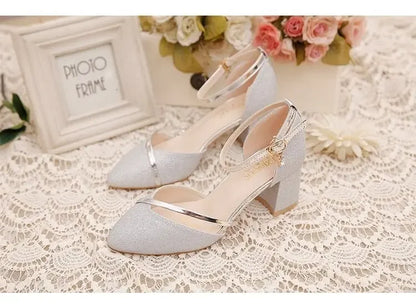 Black High-Heeled Shoes for Women - Silver and Gold
