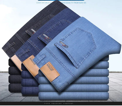 Men's Blue Straight Denim Jeans Lightweight Casual Trousers