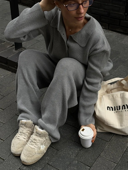 Knit Cardigan Pants Set for Women - Thick and Warm Outfit