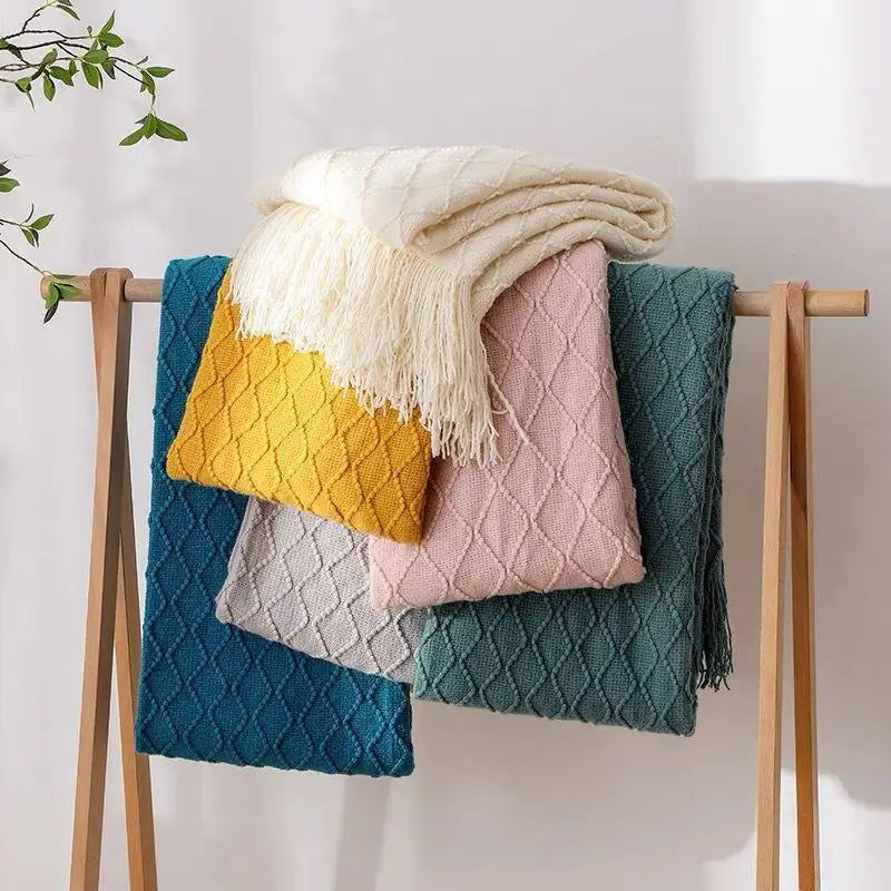 Khaki Knitted Acrylic Blanket with Tassels