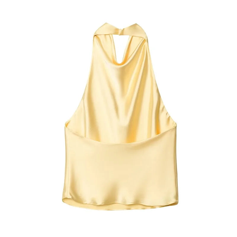 Black Satin Backless Halter Top for Women