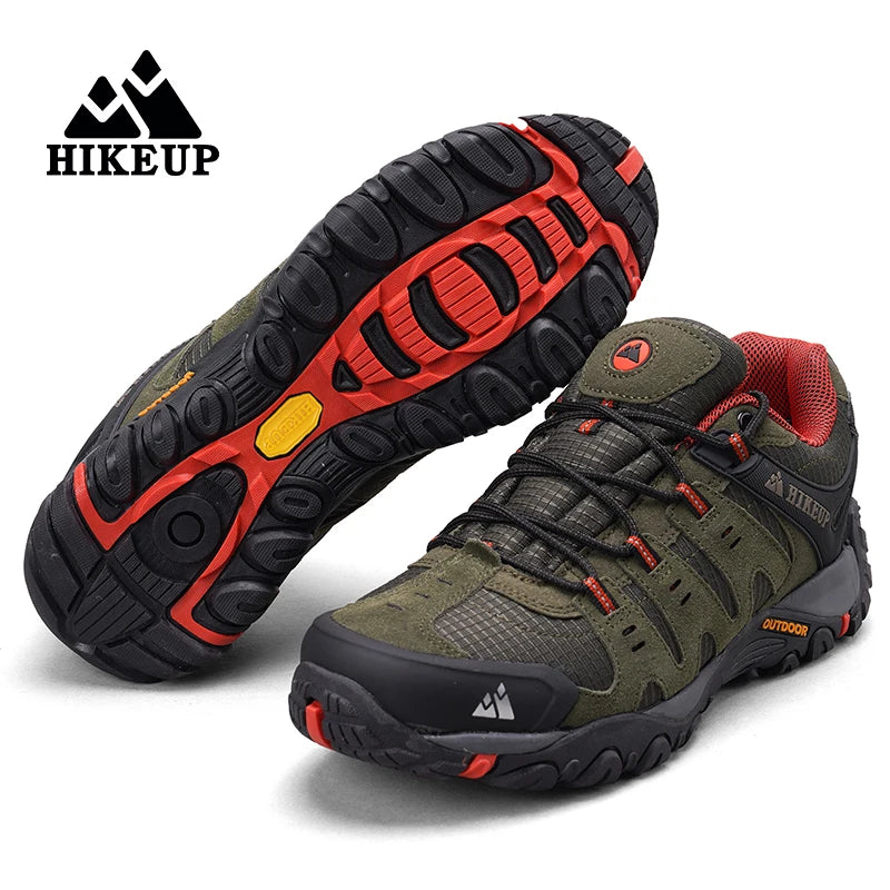 HIKEUP Men's Suede Leather Hiking Shoes Black Gray Khaki