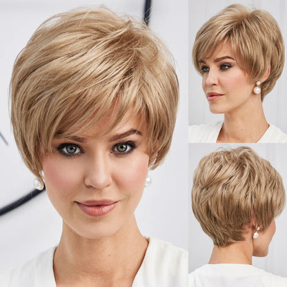 Light Blonde Mixed Off-White Pixie Cut Wig with Bangs