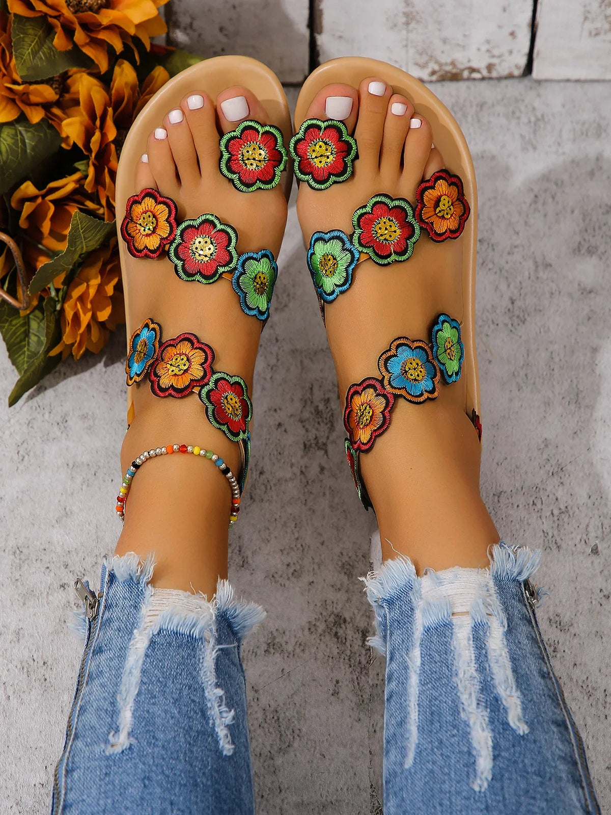Yellow Faux Flower Embroidered Flat Sandals Size 43