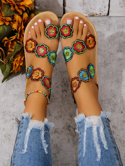 Yellow Faux Flower Embroidered Flat Sandals Size 43