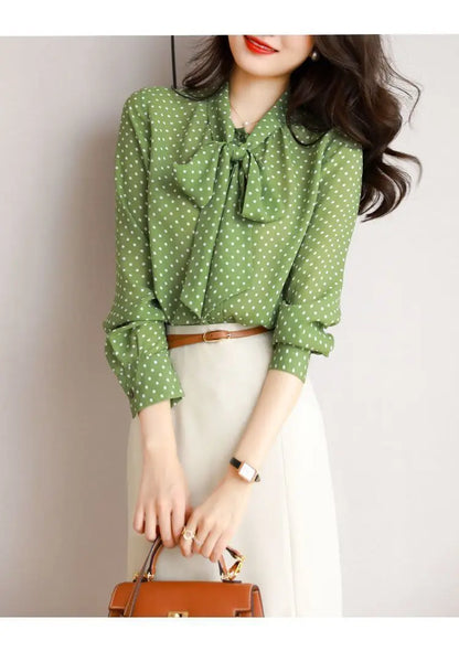 Shawl Collar Long Sleeve Blouse Women Polka Dot Cardigan