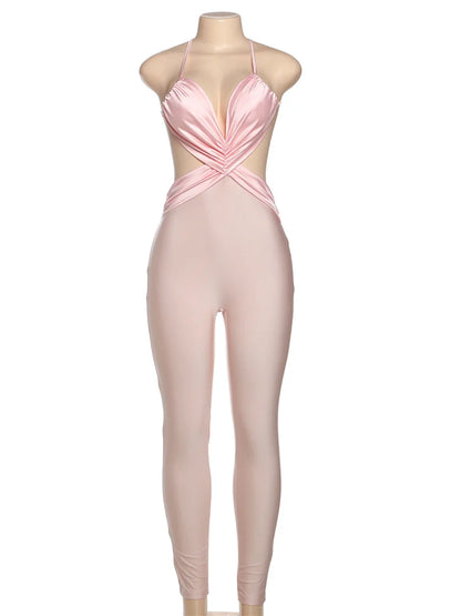 Kliou Women Jumpsuit Backless Silky Skinny Overalls