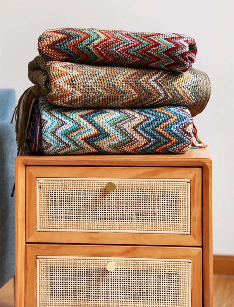 Bohemian Acrylic Hand Knitted Blanket with Tassels