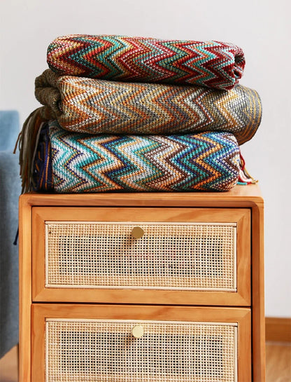 Bohemian Acrylic Hand Knitted Blanket with Tassels