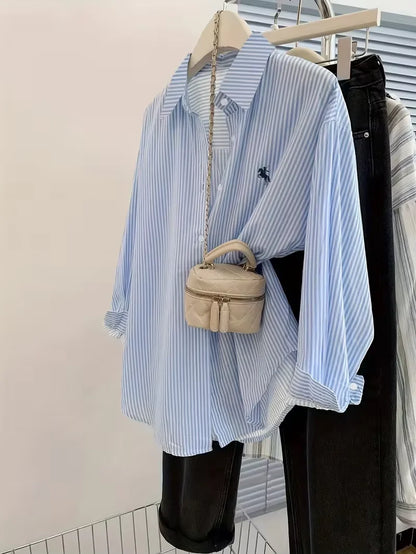 Women's Striped Knight Print Casual Long Sleeve Blouse