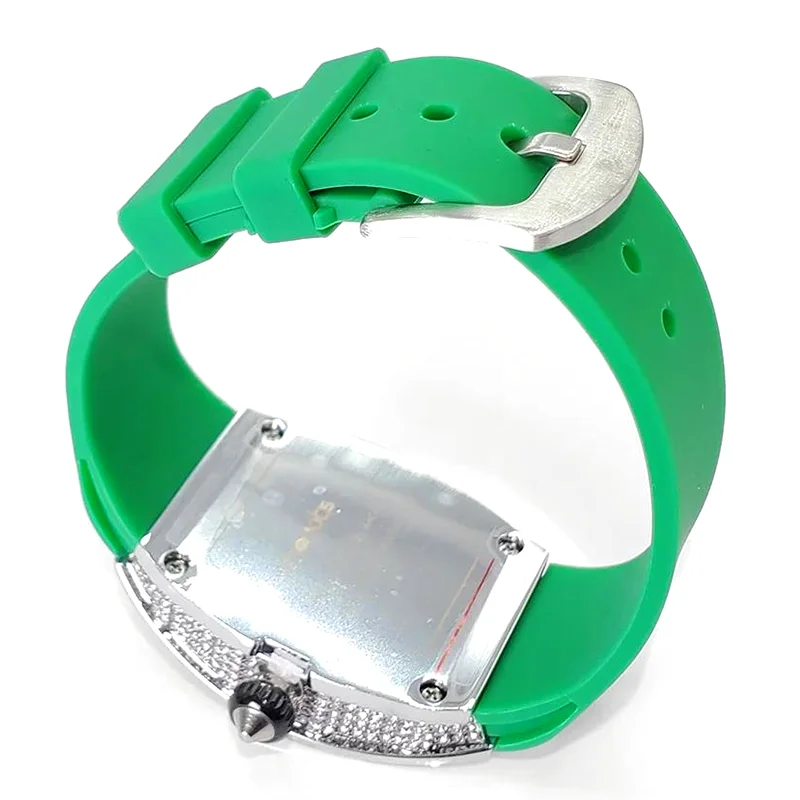 Green Tonneau Quartz Watch for Women with Iced Diamonds
