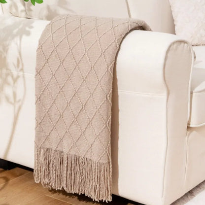 Khaki Knitted Acrylic Blanket with Tassels