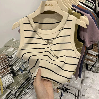 Striped Knit Sleeveless Waistcoat for Women