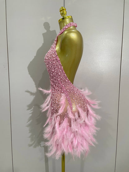 Luxury Rhinestones Pearls Feathers Halter Backless Dress