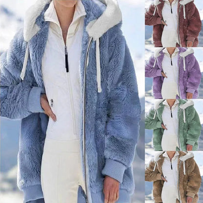 Loose Plush Zipper Hooded Jacket for Women