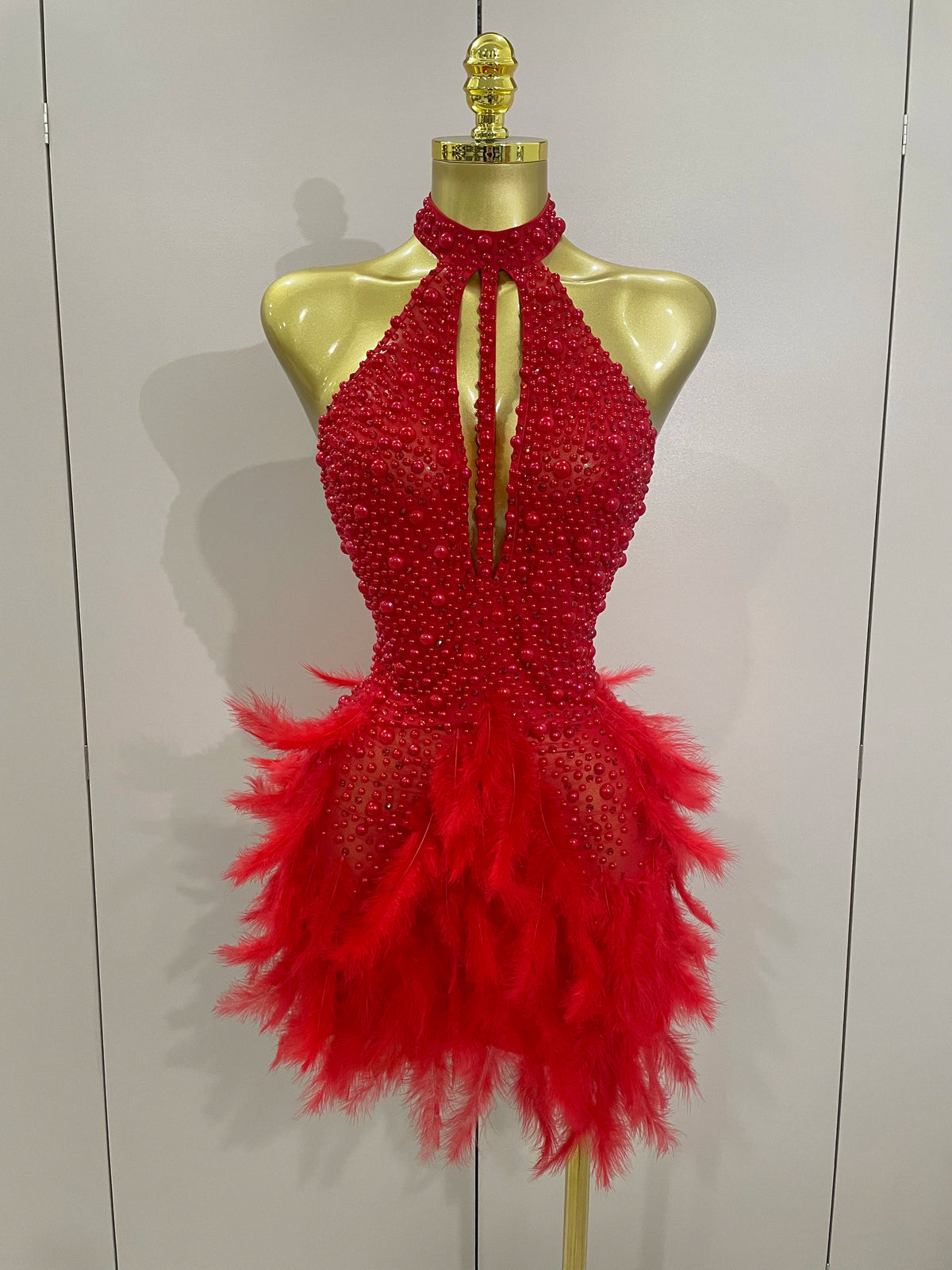 Luxury Rhinestones Pearls Feathers Halter Backless Dress