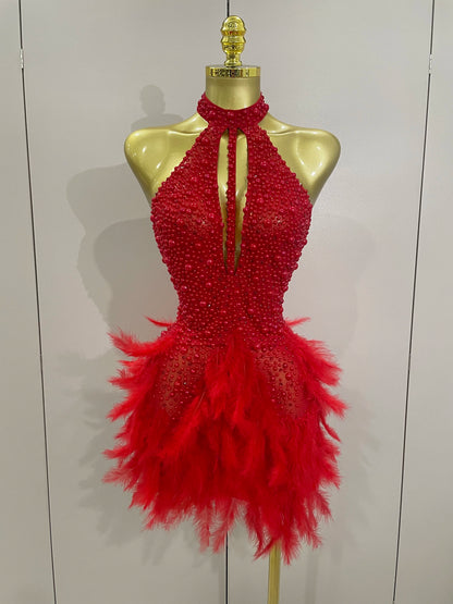 Luxury Rhinestones Pearls Feathers Halter Backless Dress