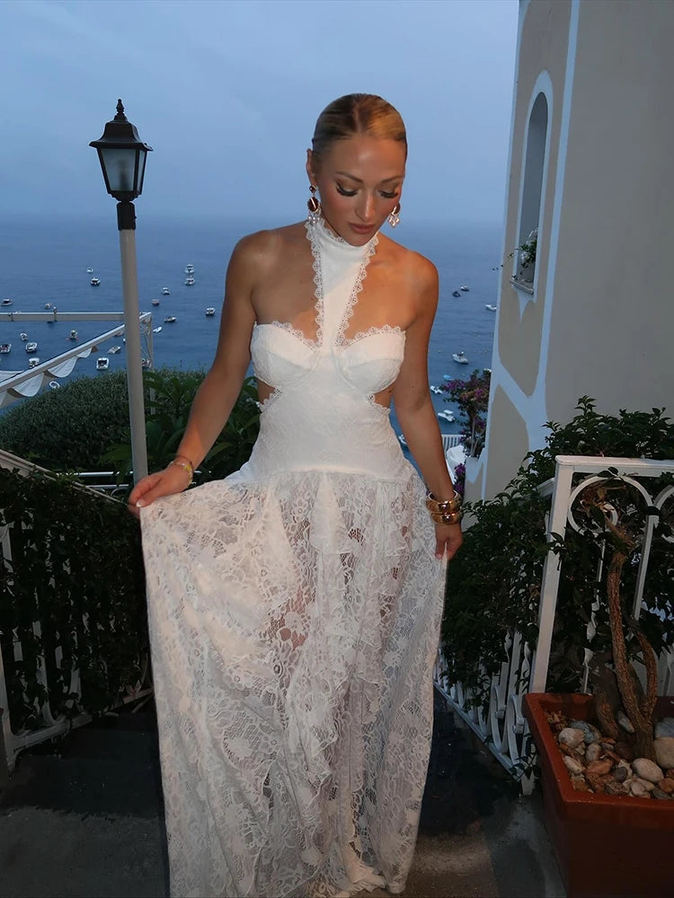 Sexy Lace Patchwork Halter Evening Gown for Women