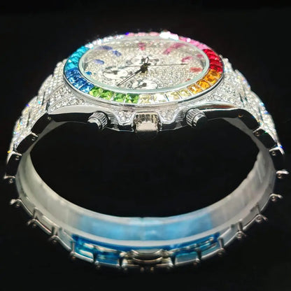 Fashion Gold Quartz Wristwatch for Men with Rainbow Diamonds