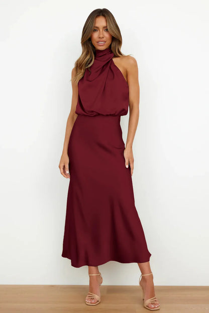 Elegant Silk Satin Sleeveless Long Dress for Women