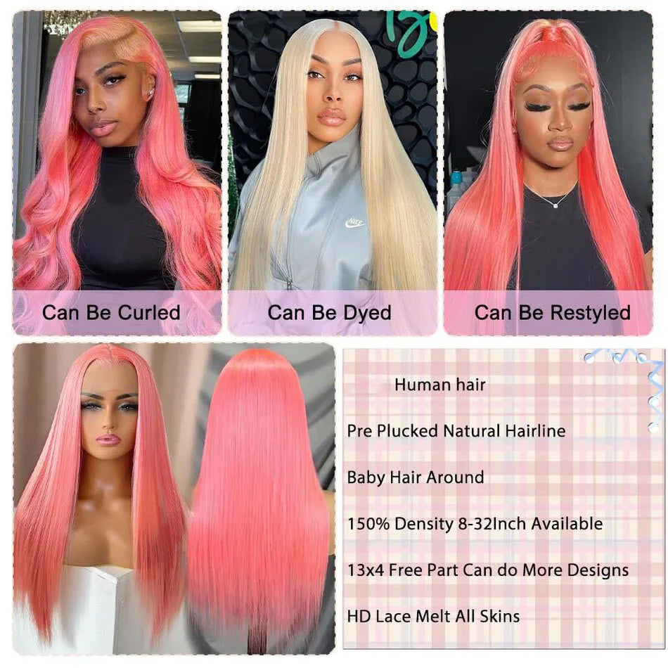 Pink 30 Inch Straight Lace Front Wig Human Hair