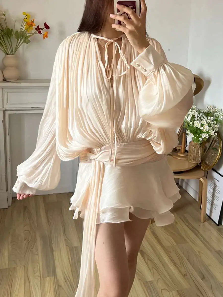 TWOTWINSTYLE V Neck Long Sleeve Mini Dress for Women