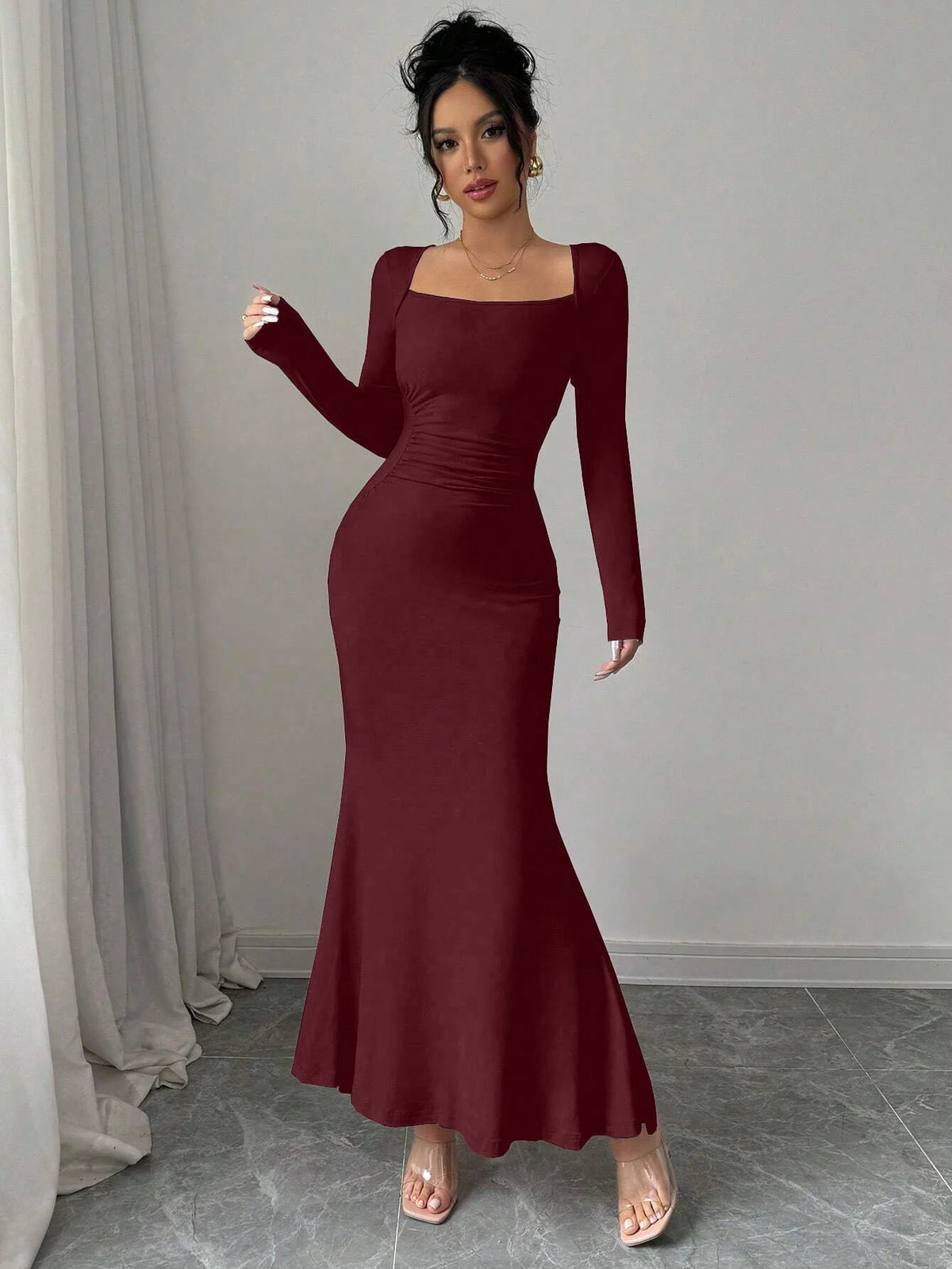 Elegant Retro Solid Color Square Collar Long Sleeve Dress