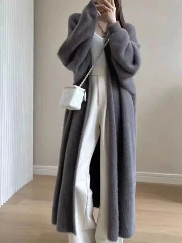 Thick Knee Length Open Knit Coat for Women