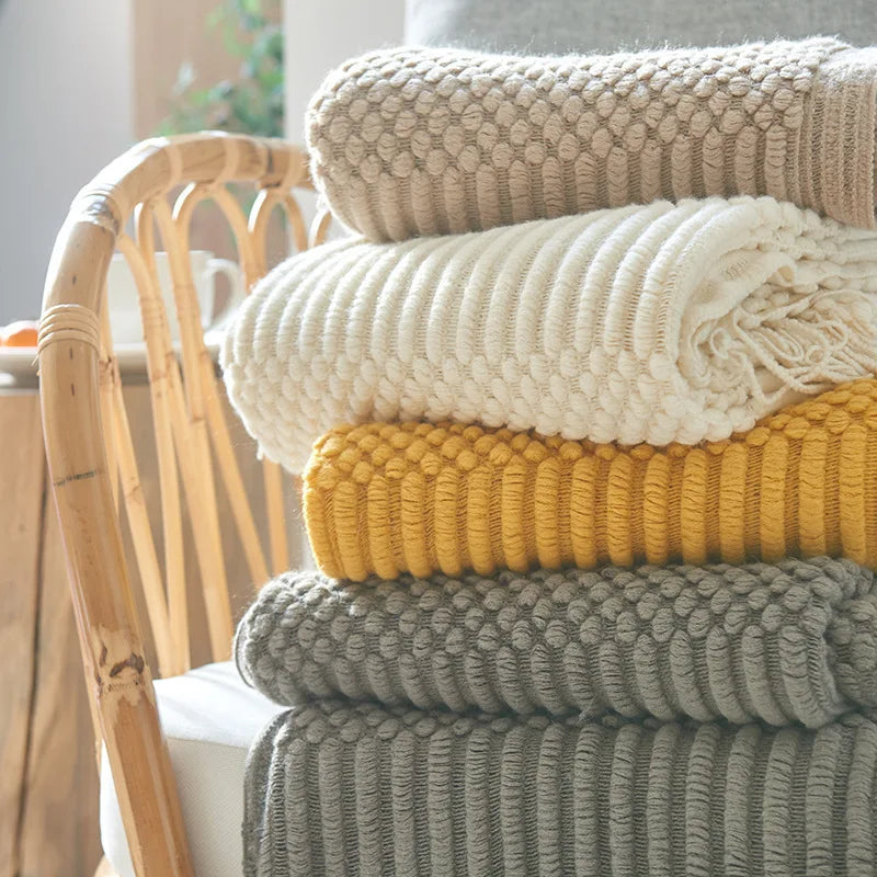 Khaki Knitted Acrylic Blanket with Tassels