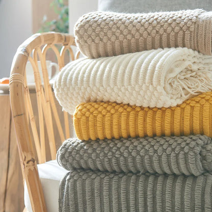 Khaki Knitted Acrylic Blanket with Tassels
