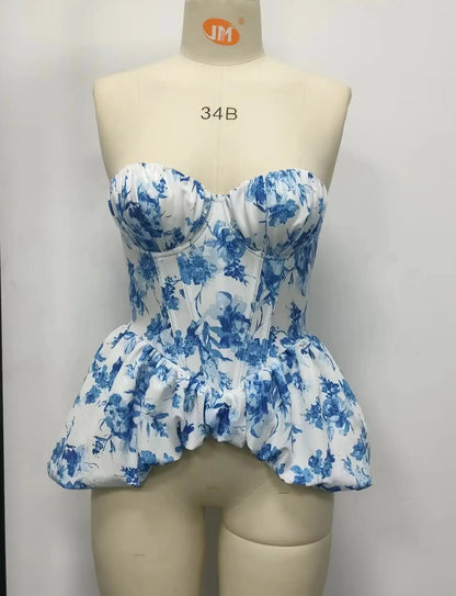 SINGREINY Floral Print Sleeveless Corset Blouse