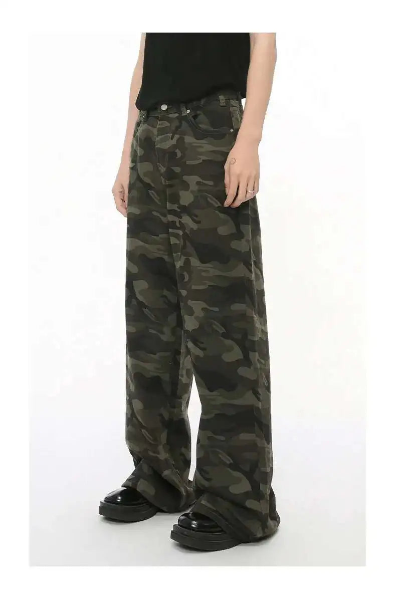 IEFB Vintage Camouflage Men's Loose Denim Jeans Old Blue