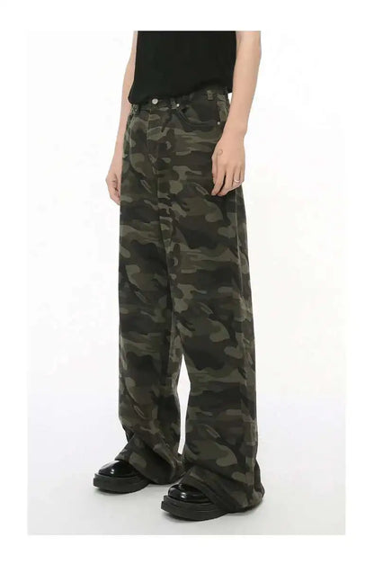 IEFB Vintage Camouflage Men's Loose Denim Jeans Old Blue