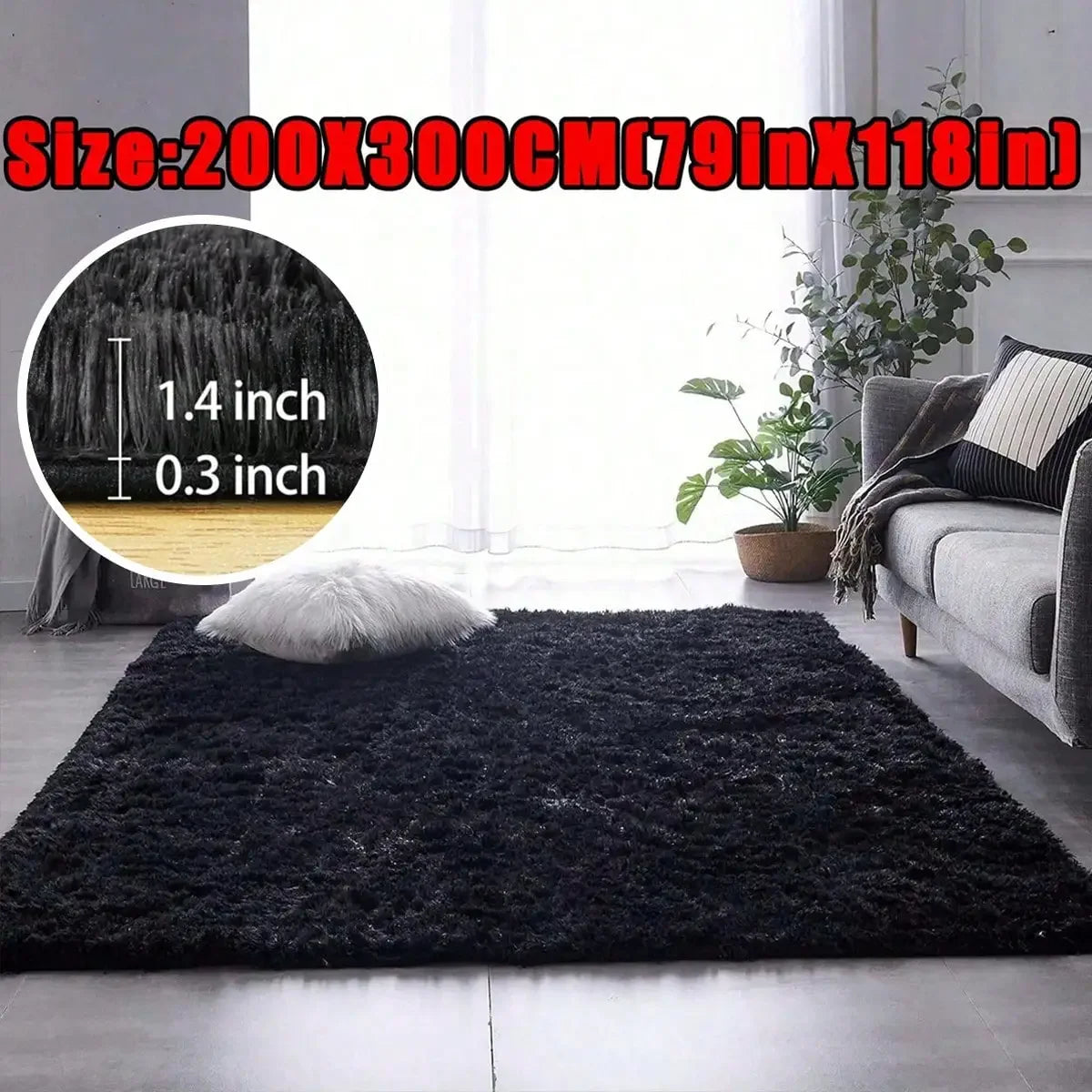 Black Plush Long-Pile Carpet, Soft Non-Slip Rug