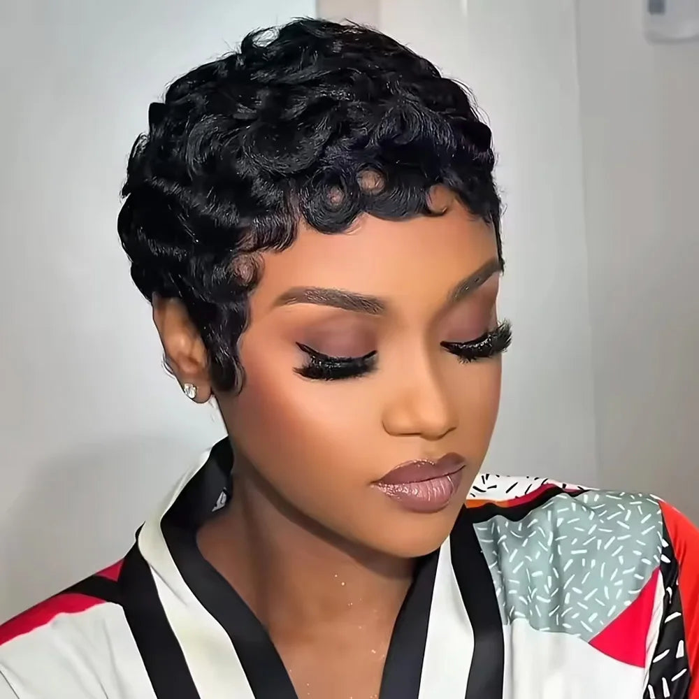 Short Layered Curly Pixie Cut Wig Natural Black