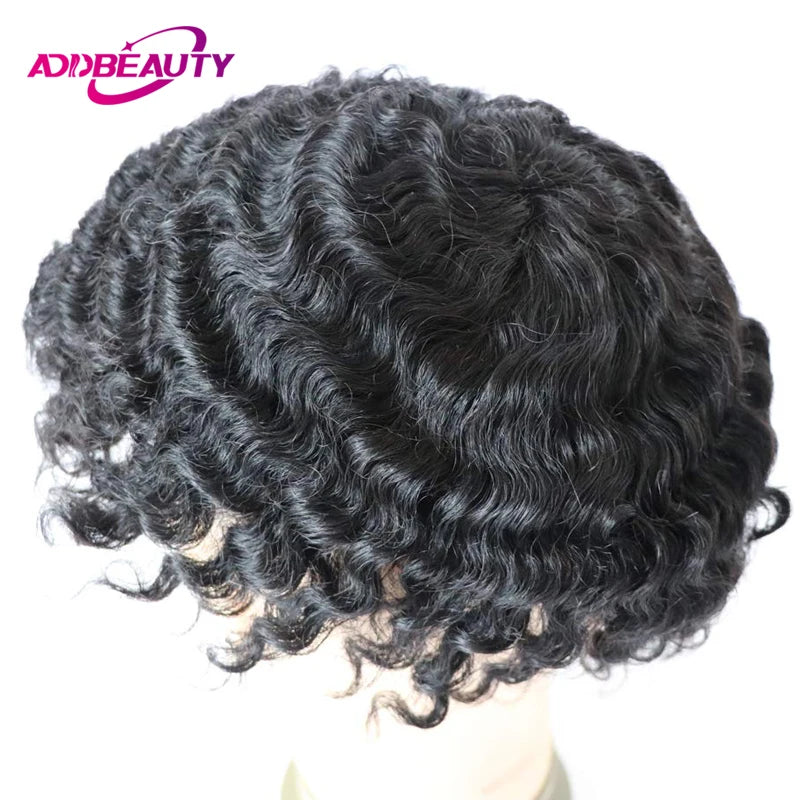 Curly Human Hair Toupee for Men Full PU Natural Color