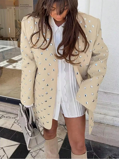 Beige Rivet Decoration Casual Blazer for Women