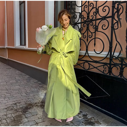 Khaki Long Color-block Stripe Trench Coat for Women