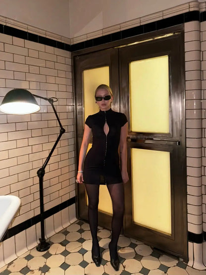 Kpop Black Hollow Out Mini Dress Women Elegant Turtleneck