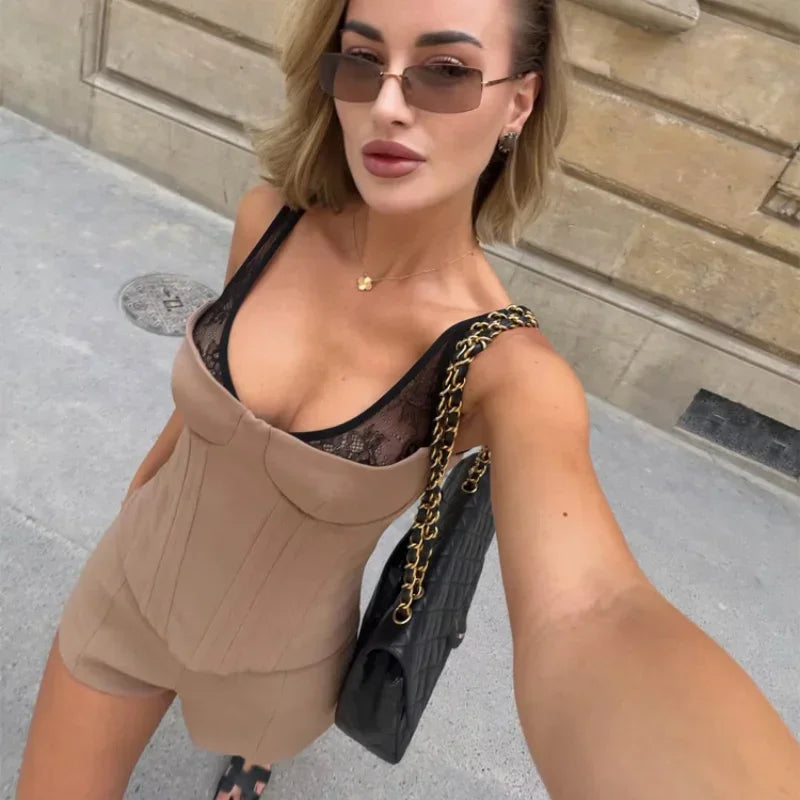 Elegant Fishbone V-neck Mini Dress Women Sleeveless Polyester