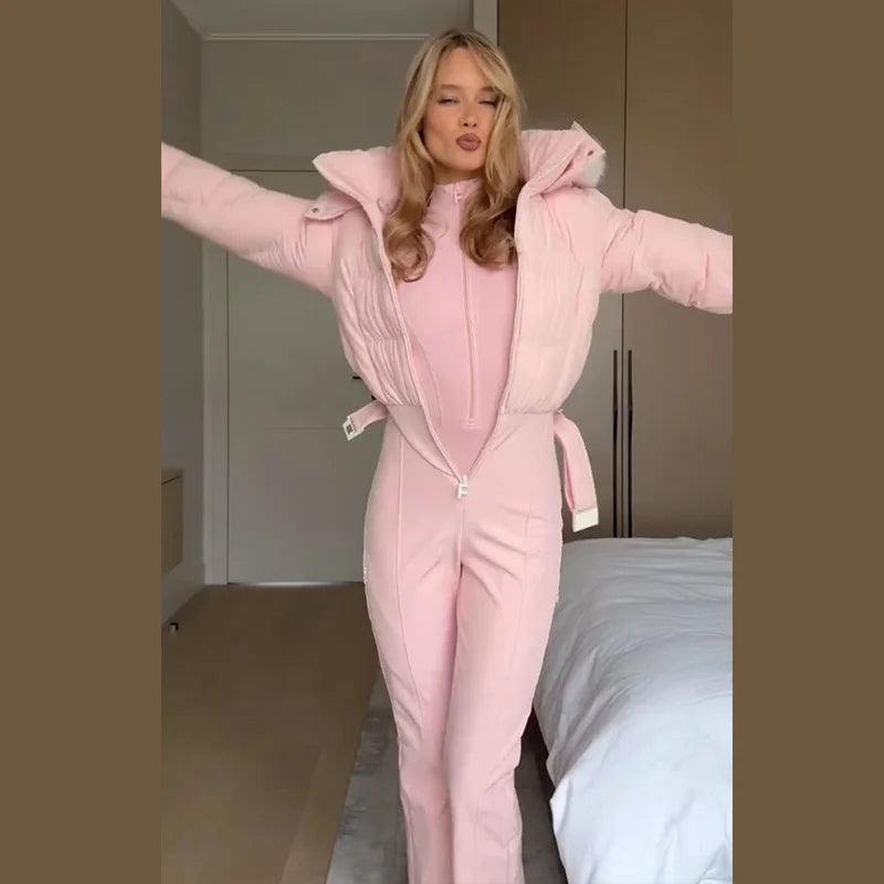 Hooded One-Piece Ski Jumpsuit for Women Windproof Outwear