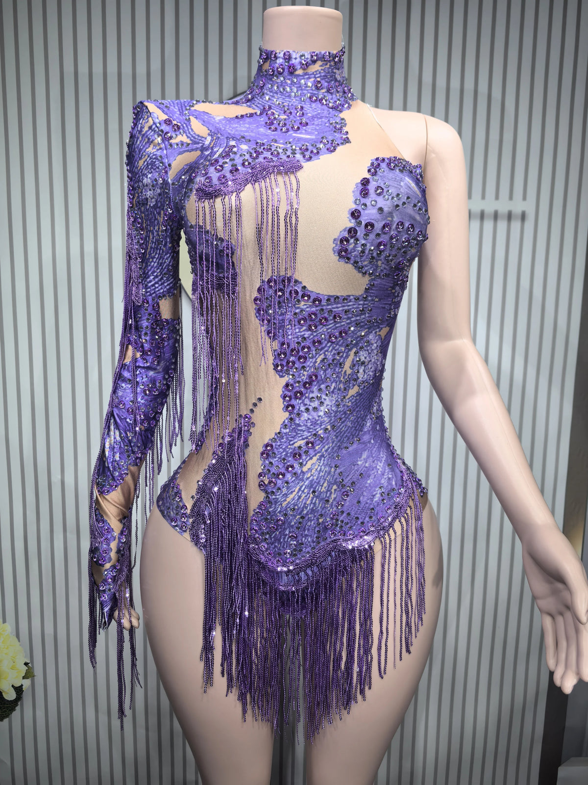 Rhinestone Tassel Elastic Bodysuit for Women