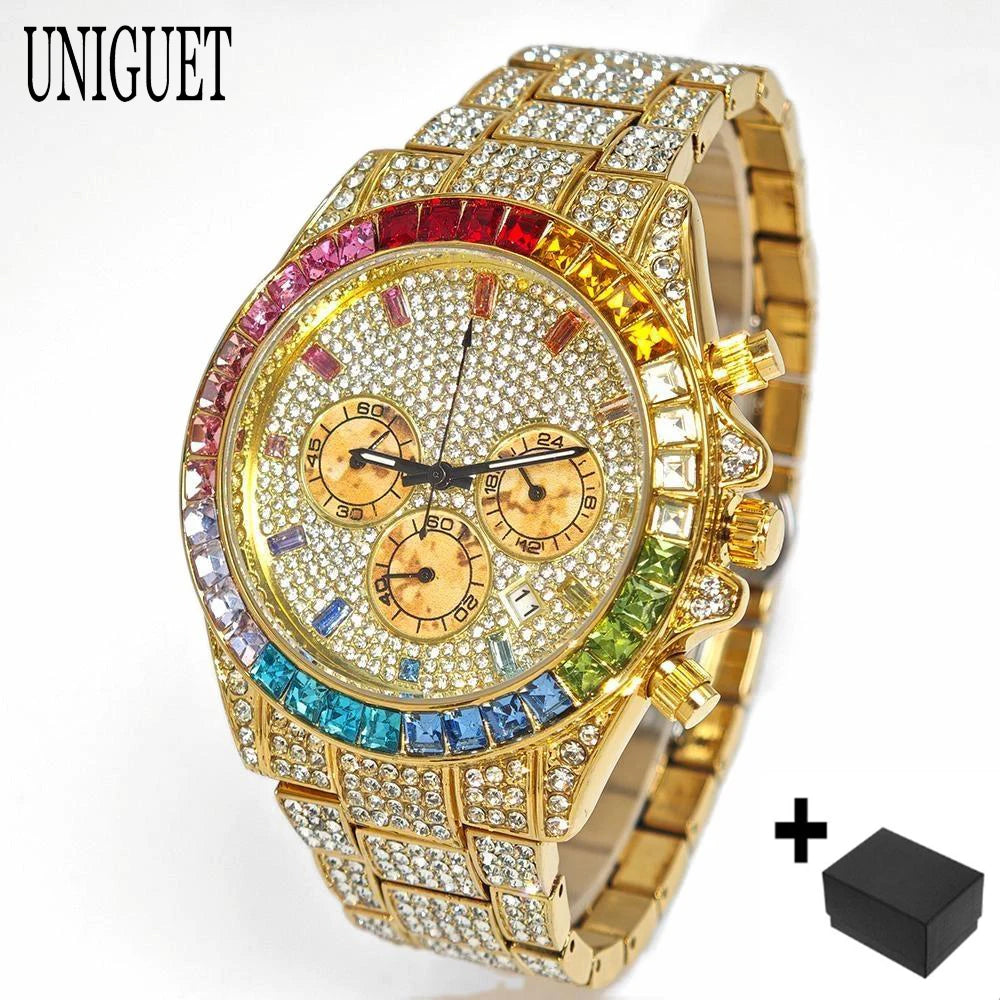 Fashion Gold Quartz Wristwatch for Men with Rainbow Diamonds